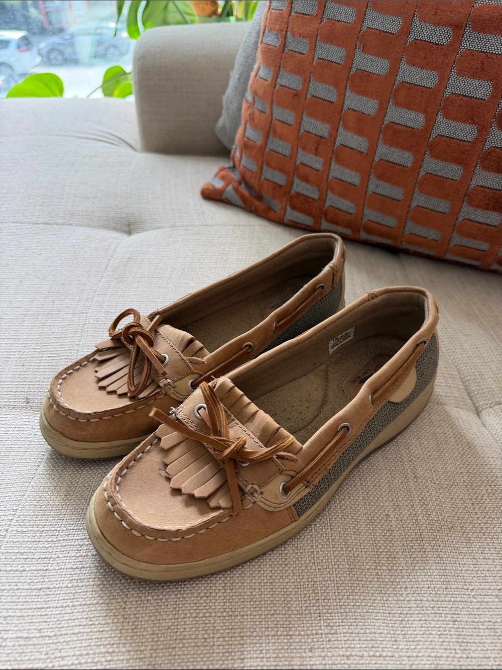 Tan Leather Fringe Boat Shoes - Women's